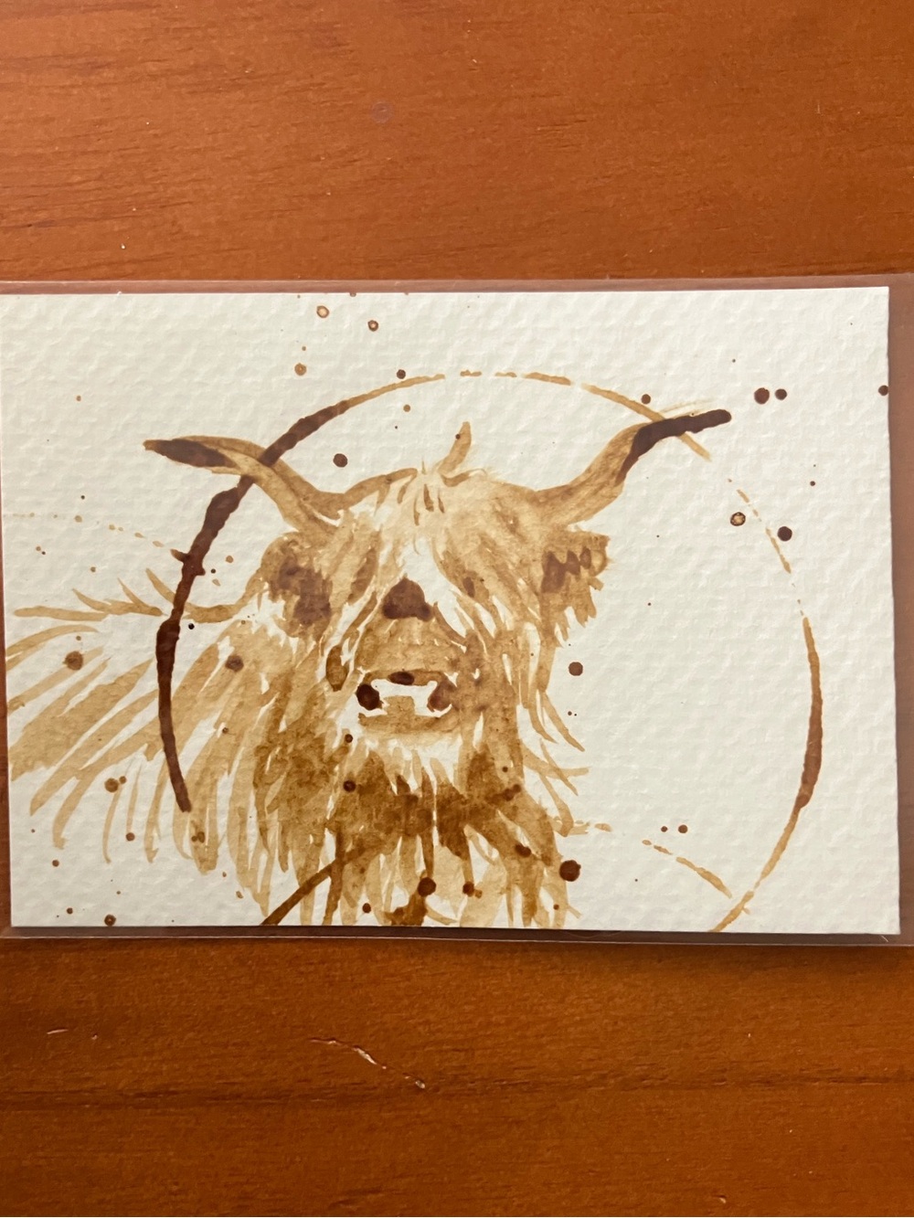 Aceo original coffee cow painting atc highland cows farm gift art Artettina